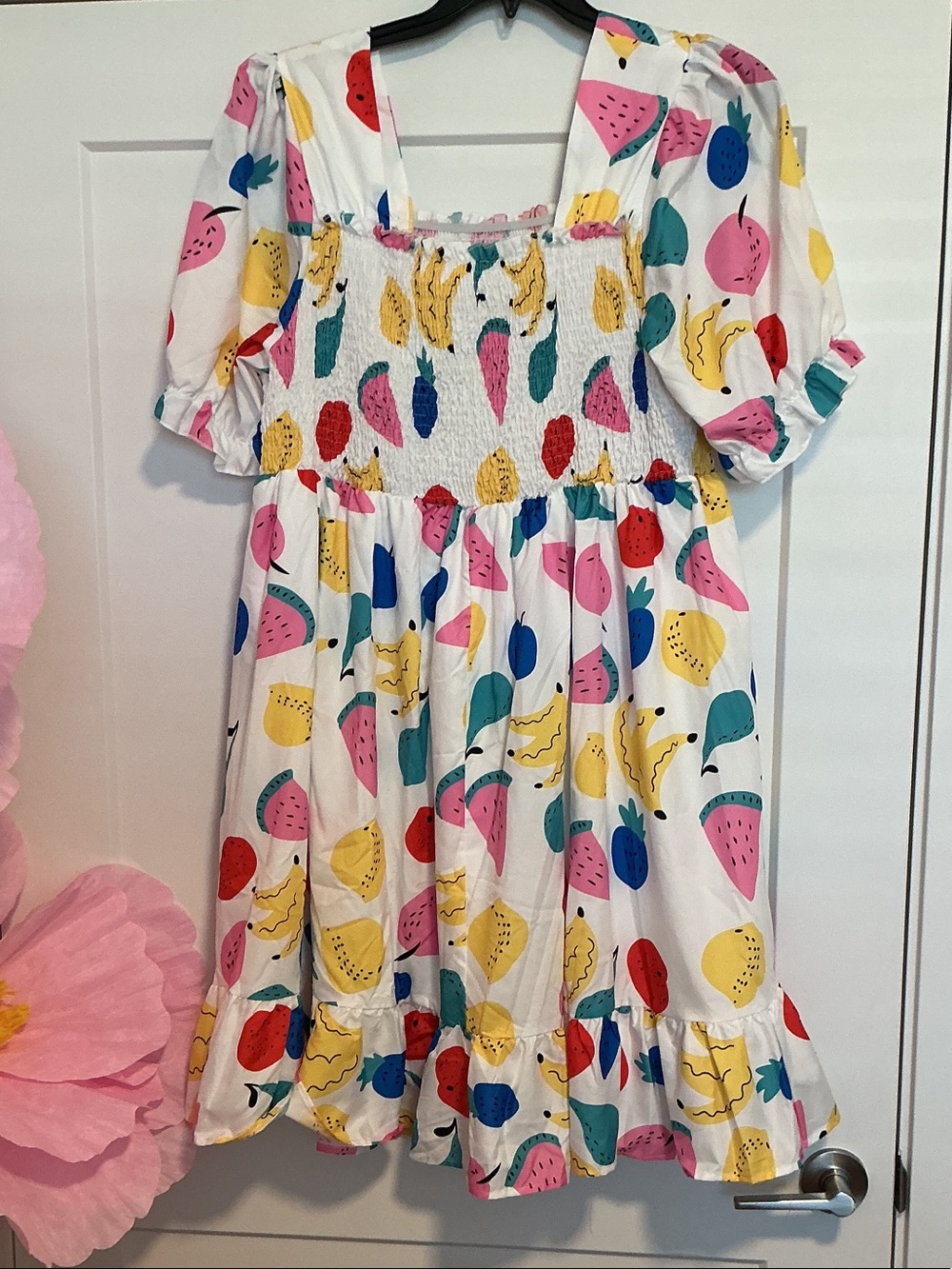 Multicolor Fruit Print Smocked Square-Neck Dress. XL New